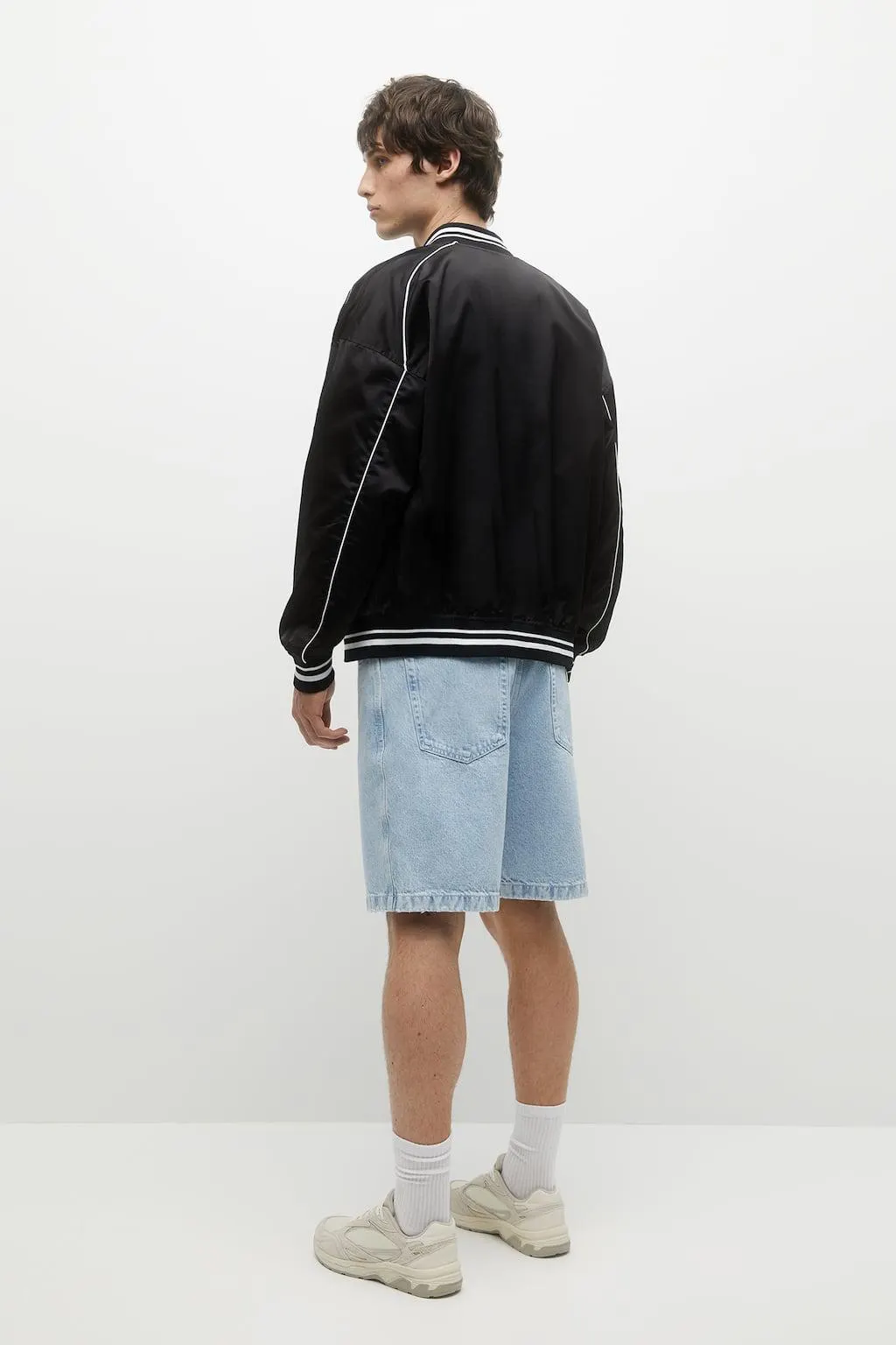 BLACK SATIN VARSITY BOMBER JACKET