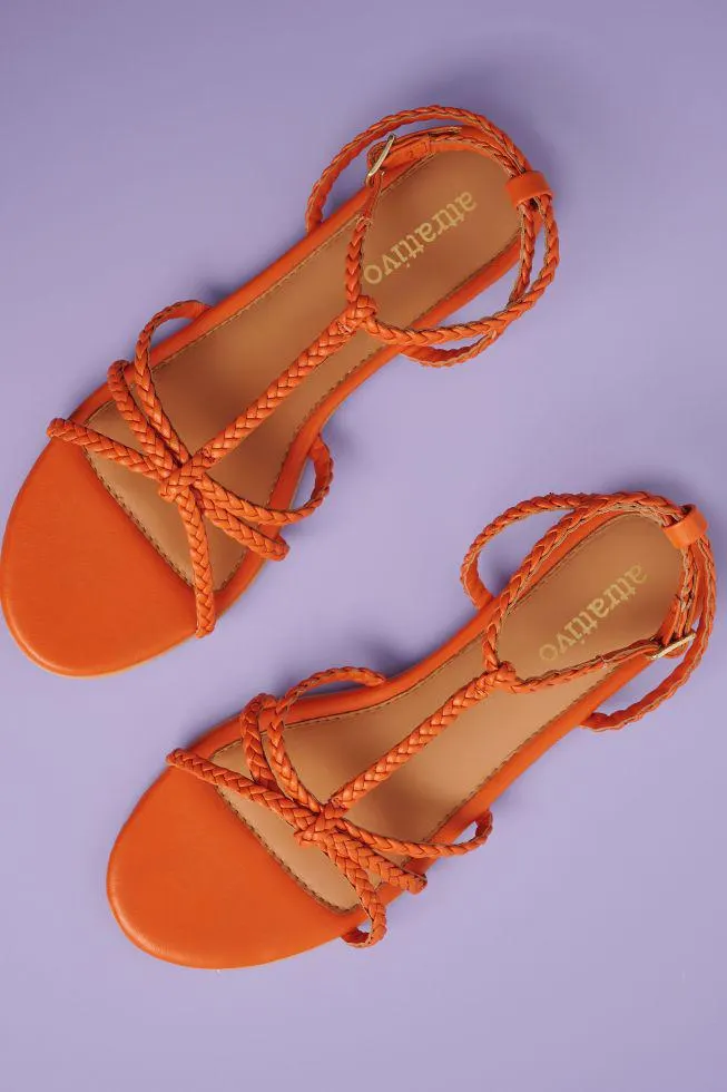 Σανδάλια δερμάτινα λουράκι πλεξούδα Orange