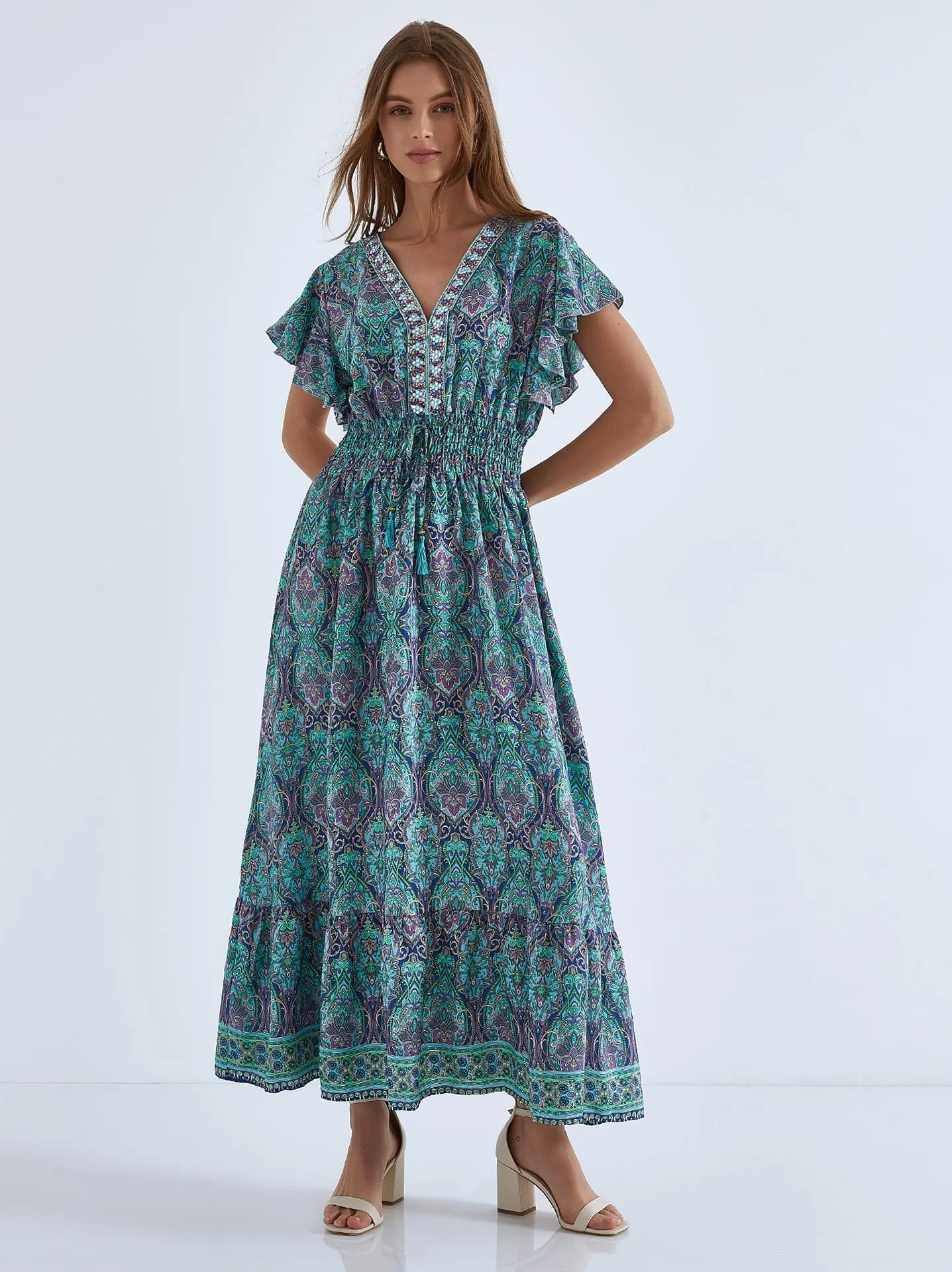 Φόρεμα με λεπτομέρειες απο καθρέφτες σε βεραμάν