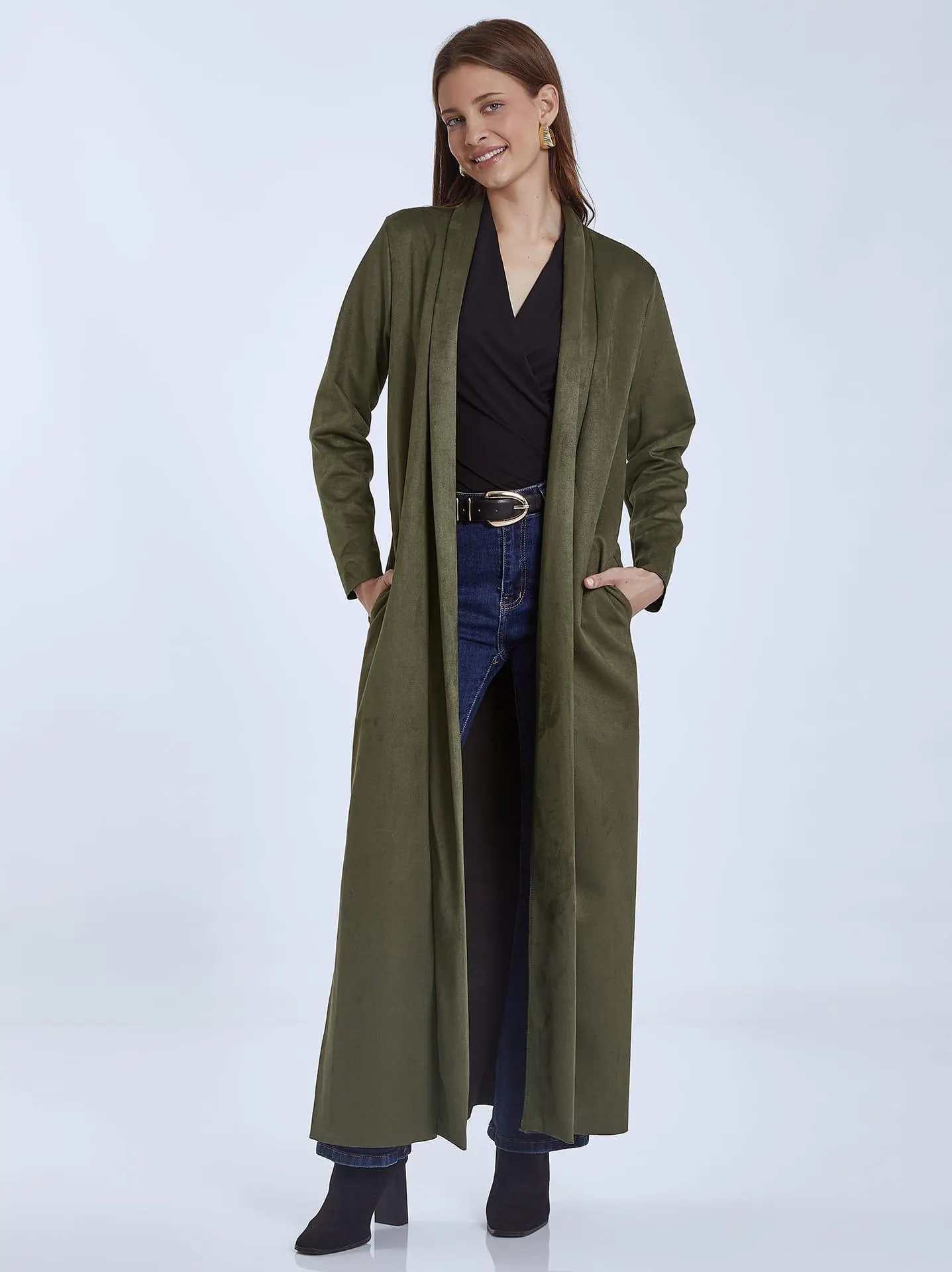 Παλτό με σουέντ όψη σε χακί