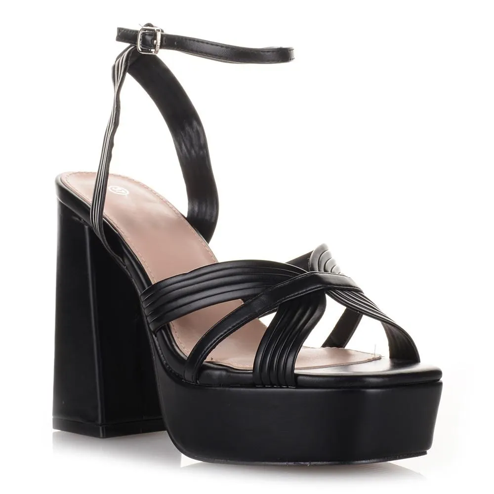 Γυναικεία Πέδιλα με Χοντρό Ψηλό Τακούνι σε Μαύρο Χρώμα Famous