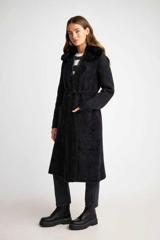 Ζακέτα πλεκτή με γούνινο γιακά - Black