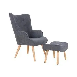 MARON BUTTON Set: Πολυθρόνα Μπερζέρα + Σκαμπώ, Ξύλο Φυσικό Ύφασμα Σκούρο Γκρι