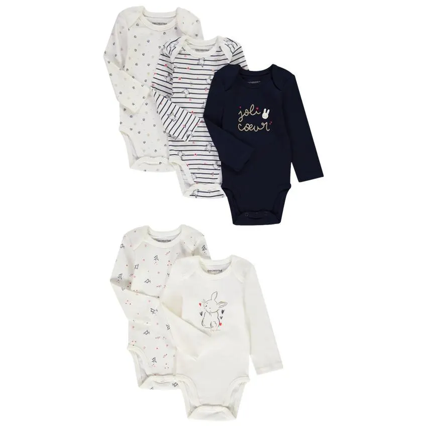Lot de 5 bodies manches longues en jersey pour bébé fille