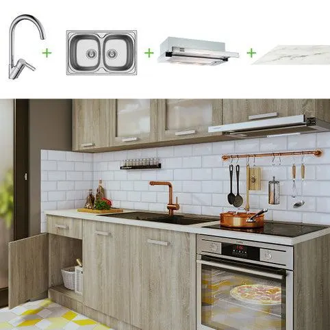 Έτοιμη λύση σύνθεσης κουζίνας Modema 2.40m με απορροφητήρα, πάγκο, μπαταρία και νεροχύτη