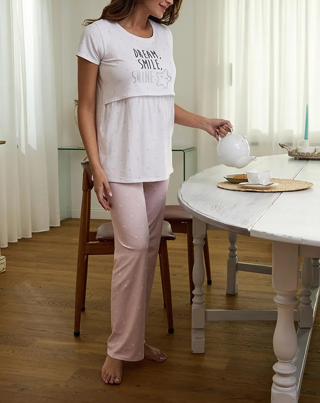 Γυναικεία πιτζάμα εγκυμοσύνης/θηλασμού ροζ/λευκή dream, smile, shine