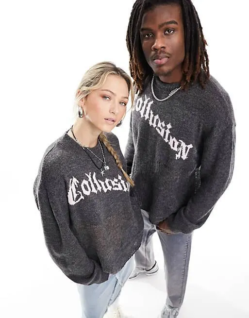 COLLUSION Unisex branded distressed hem jumper in charcoal