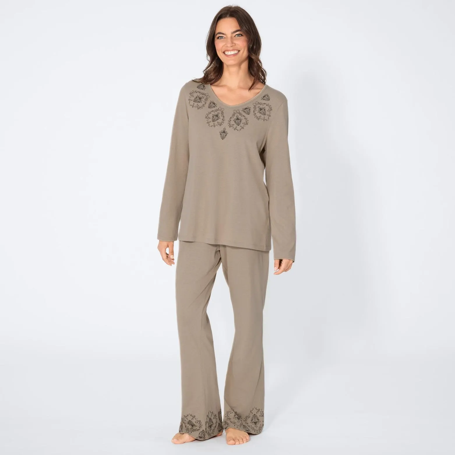 Damen-Schlafanzug mit Stickerei, 2-teilig