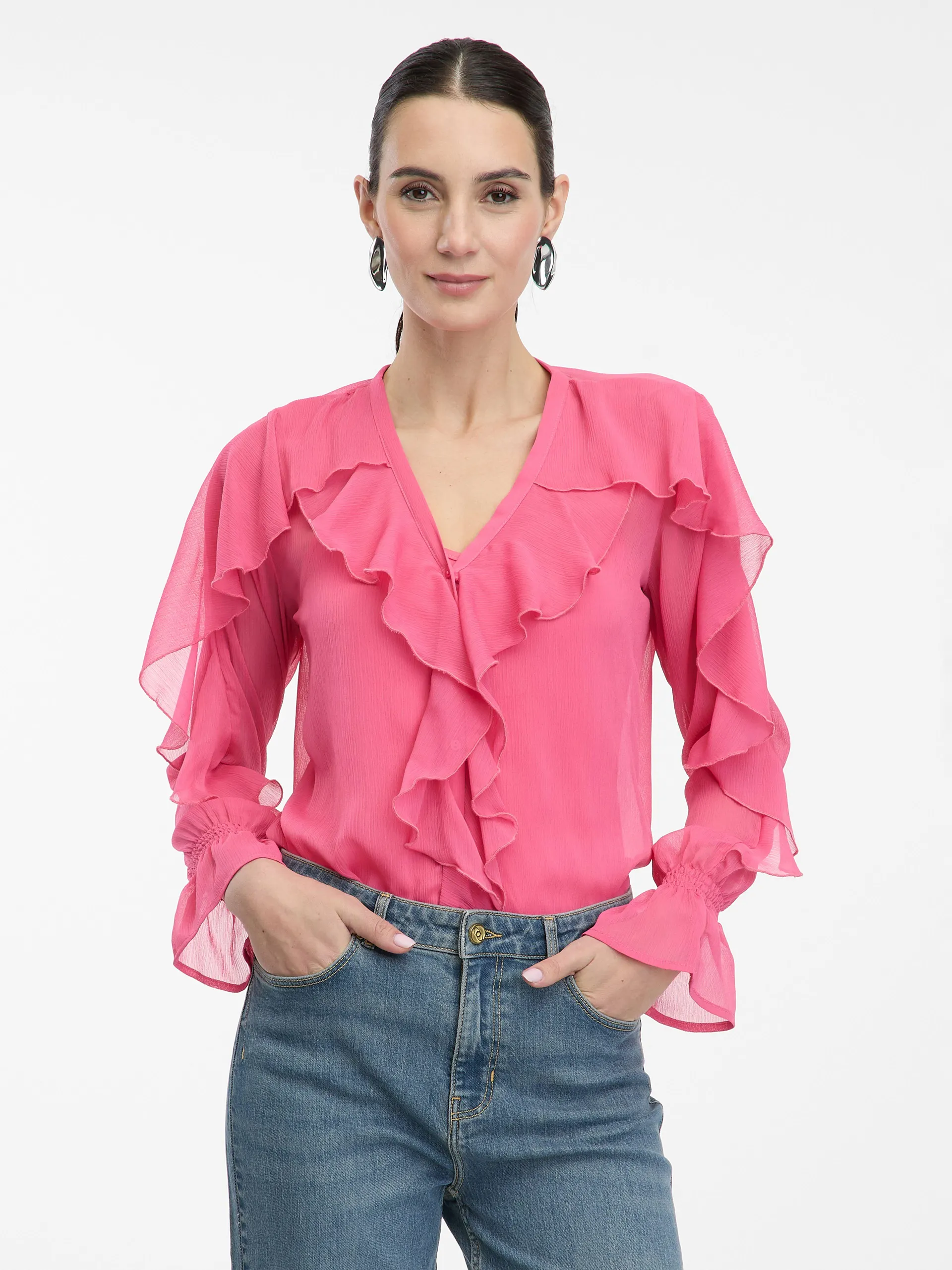 Ružičasta ženska bluza s volanima ORSAY