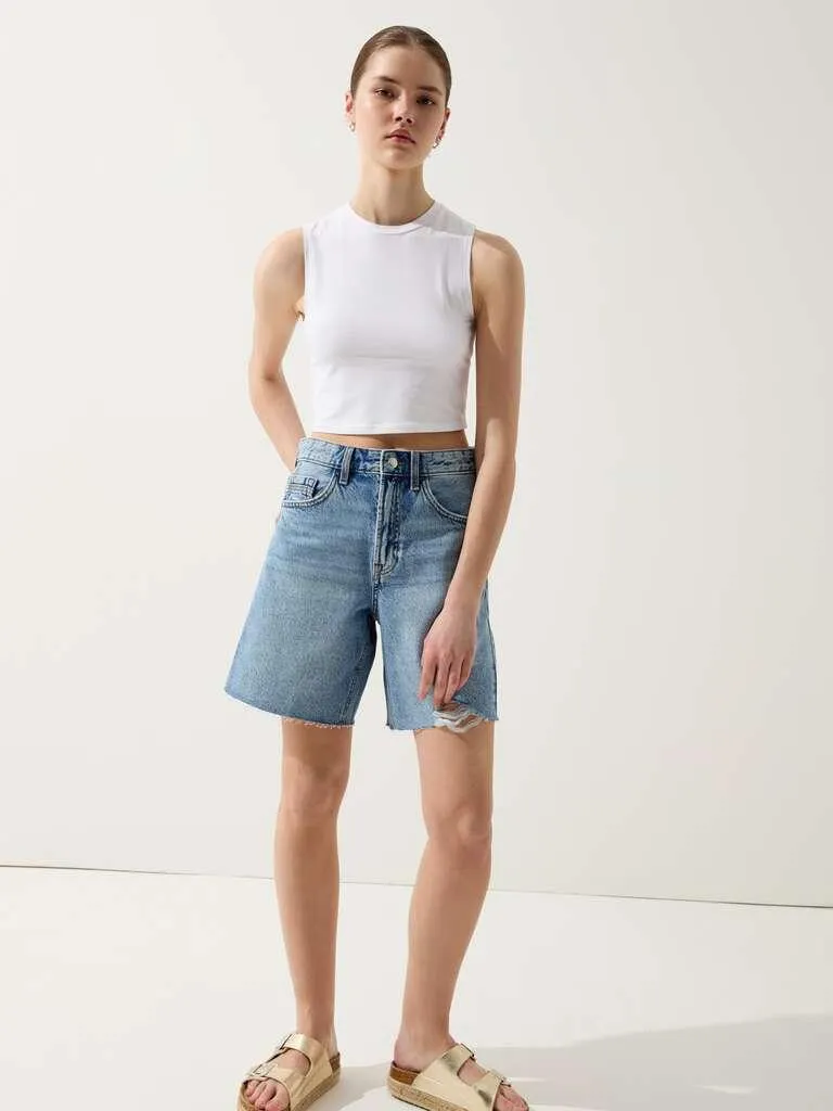 Medium Wash Denim Bermuda shorts with abrasions