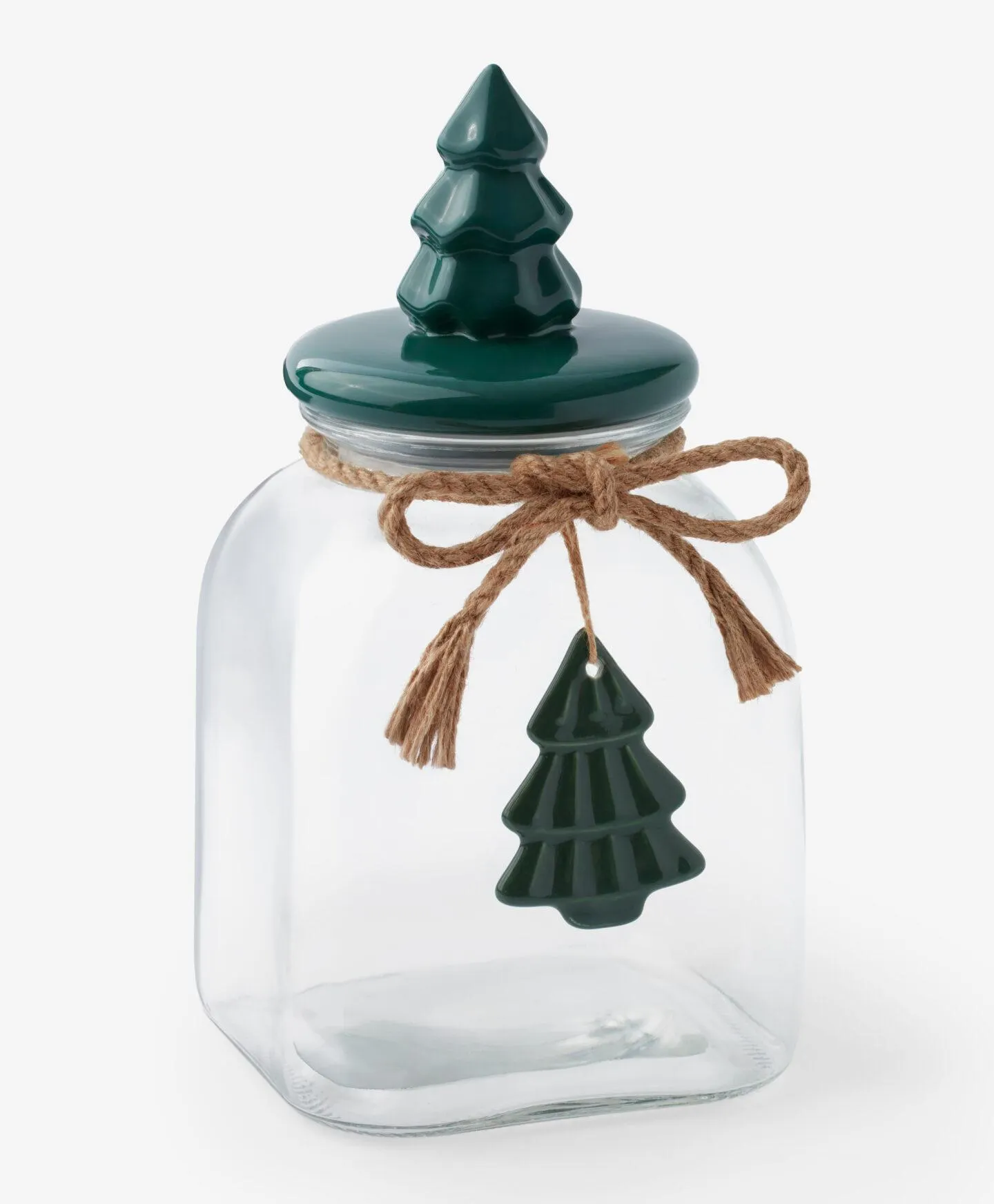 üveg tároló fedéllel és karácsonyfa mintával