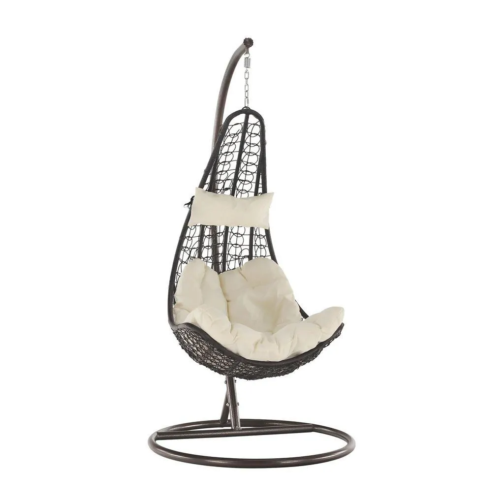 Műrattan függőfotel, sötétbarna, krémszínű párnával - RUCHE