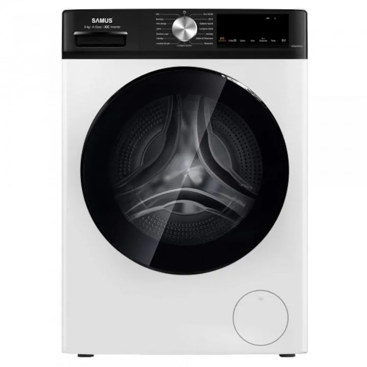 Mosógép Samus WSDMI-80142, 8 kg, Inverteres motor, 16 program, 1400 fordulat, A energiaosztály, Speciális program M-Smart, Mosás közbeni ruha hozzáadása, Gyerekzár, Fehér