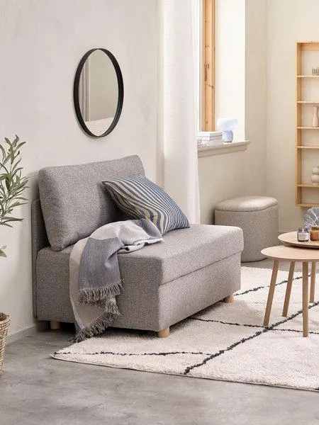 Kanapéágy OLSTRUP 1,5-személyes szürke szövet/tölgyszínű