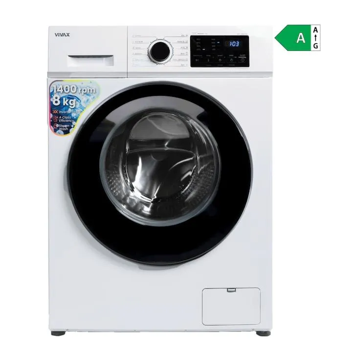 VIVAX WFL-140812CI Mosógép, 8kg, 1400 RPM, BLDC motor, inverter, A osztály, gőzölés, babaápolás, Eco, digitális kijelző, elektronikus vezérlés, gyerekzár, állítható hőmérséklet, dobtisztítás, sterilizálás, gyorsmosás, késleltetett indítás, 12 program