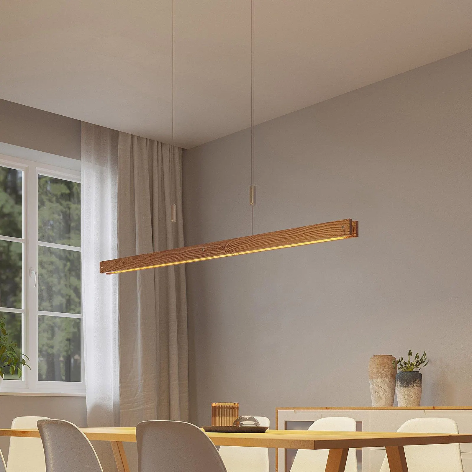Lindby Alimara LED-Holz-Hängeleuchte, Holz, Länge 138 cm