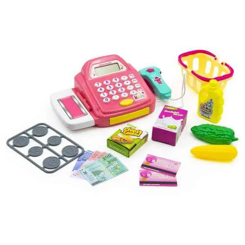 Játék pénztárgép - pénzzel, élelmiszerekkel és kasszaszalaggal
