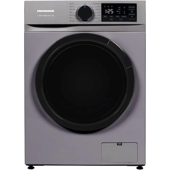 Heinner HWM-M814IVNSA+++ vékony mosógép, 8kg, 1400 rpm, Inverter motor, Digitális kijelző, Gyerekzár, Előmosás, Dobtisztító funkció, A energiaosztály, Ezüst