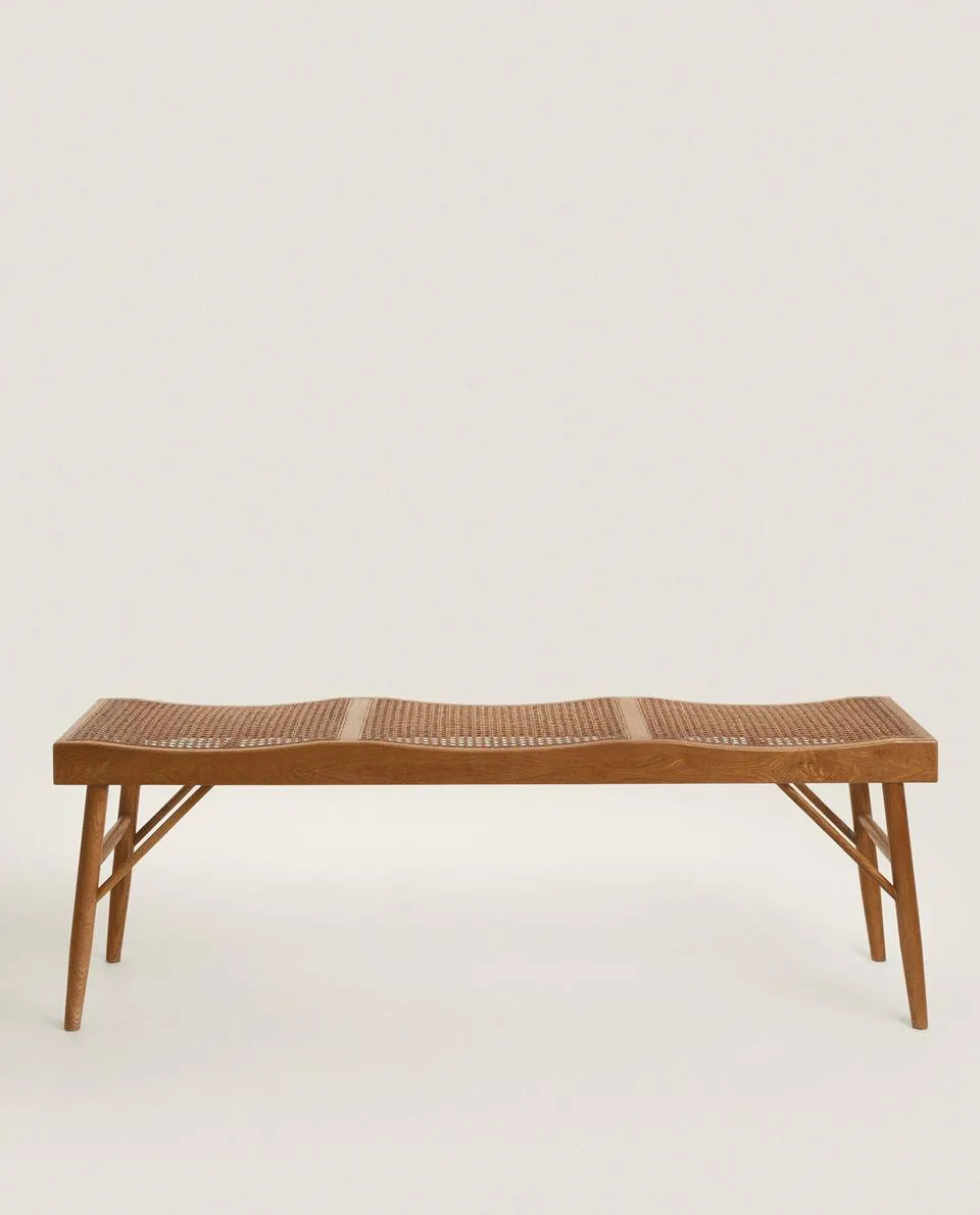 WOOD AND RATTAN BENCH