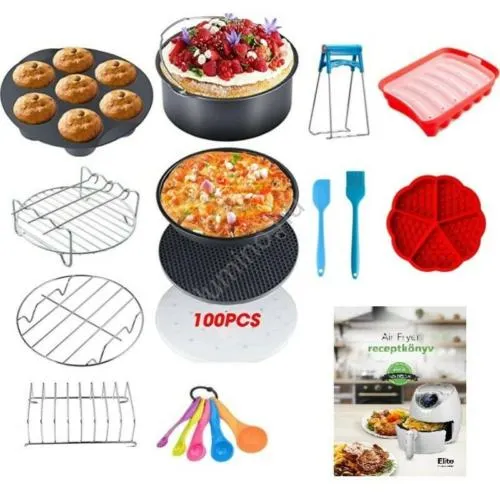 Olaj nélküli forró levegős sütőhöz kiegészítő 15 részes szett + receptkönyv