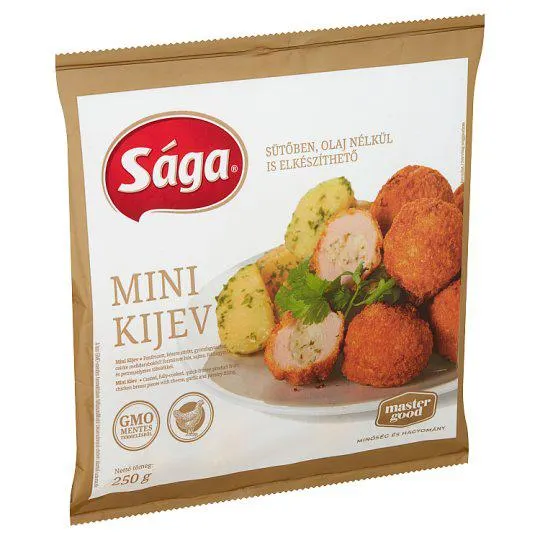 Sága Mini Kijev gyorsfagyasztott, panírozott, csirke melldarabokból formázott hús töltelékkel 250 g