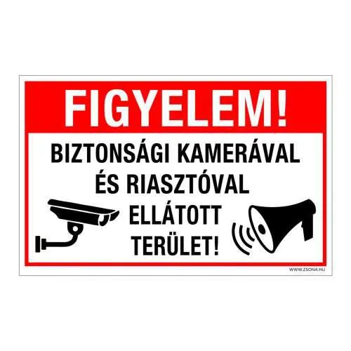 Figyelem! Biztonsági kamerával és riasztóval ellátott terület! Öntapadós matrica 160x100 mm