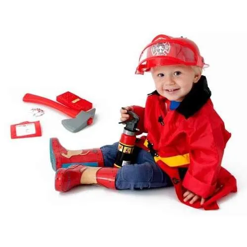 Tűzoltó jelmez gyerekeknek, sisakkal, szerszámokkal