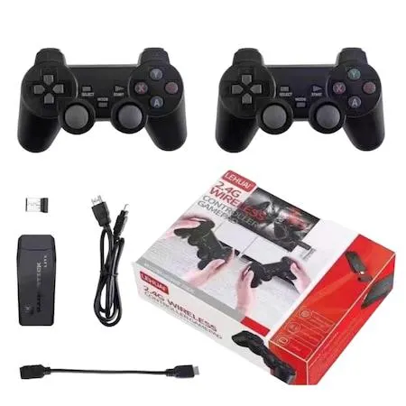 Lehuai Retro Console Type Stick 10 000 videojáték, 9 emulátor, 2x vezeték nélküli vezérlő, 4K, USB 2,4 GHz, 64 GB, fekete