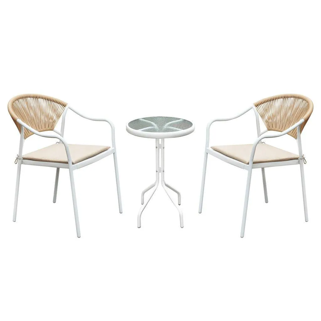 Műrattan kertibútor szett, 2 székkel, párnákkal, fehér, bézs - BALCON