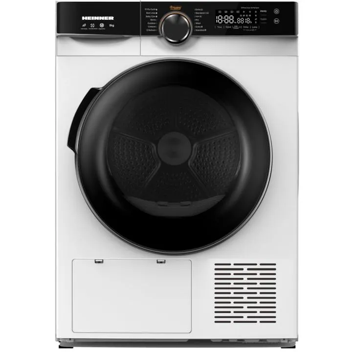 Heinner HHPD-M8K3A++ hőszivattyús szárítógép, 8 kg, 14 program, D energiaosztály, Érintésvezérlés, Páratartalom szenzor, LED kijelző, világítás, Gyerekzár, Fehér
