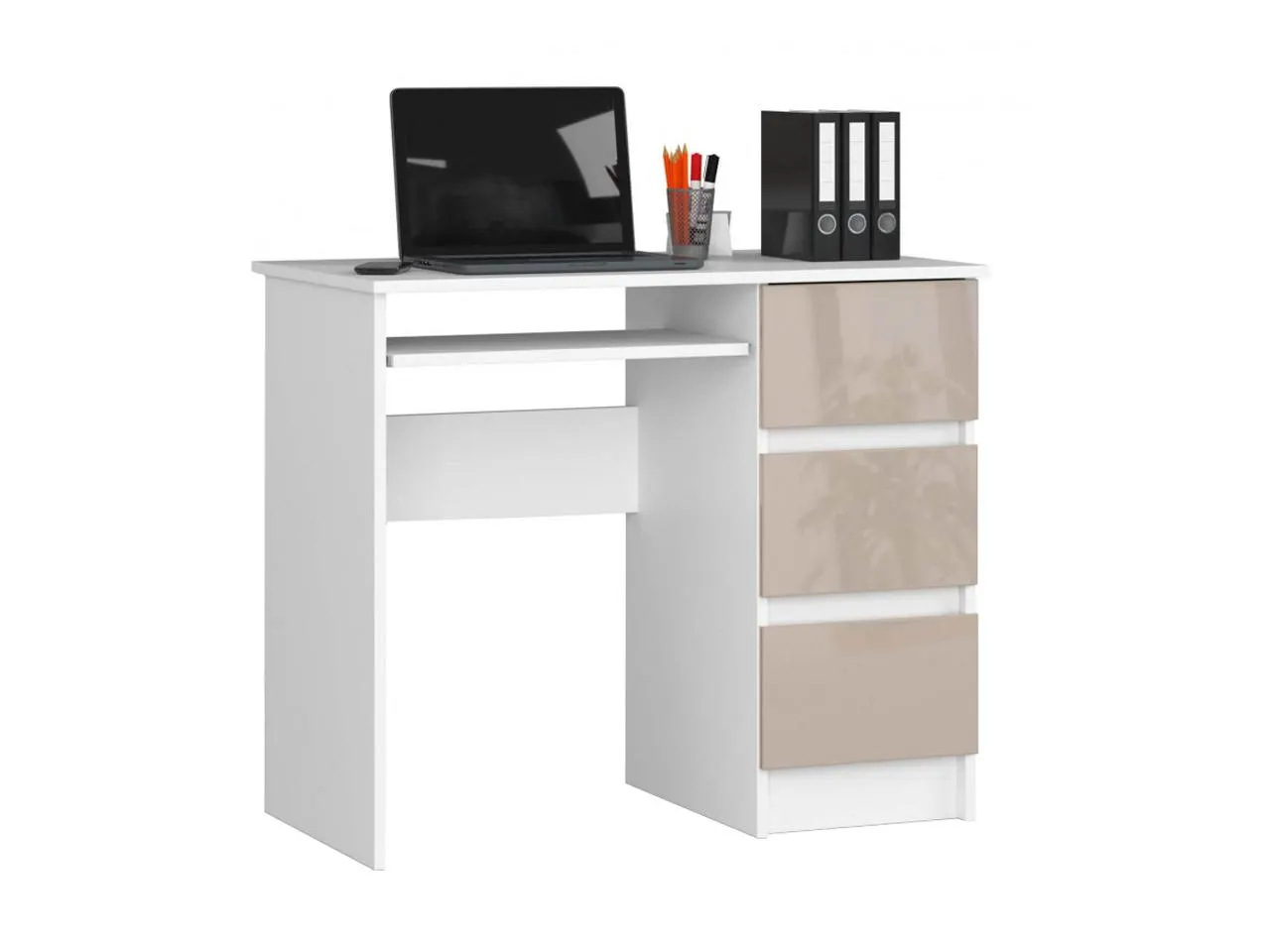 AKO-A-6 fényes fiókos számítógépasztal polcokkal, jobbos