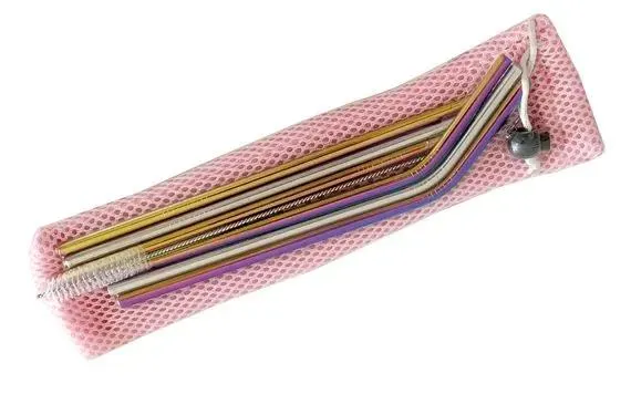 Szivárványos rozsdamentes acél szívószálak - 6 db (4 db szivárványos) + rózsaszín csomagolás