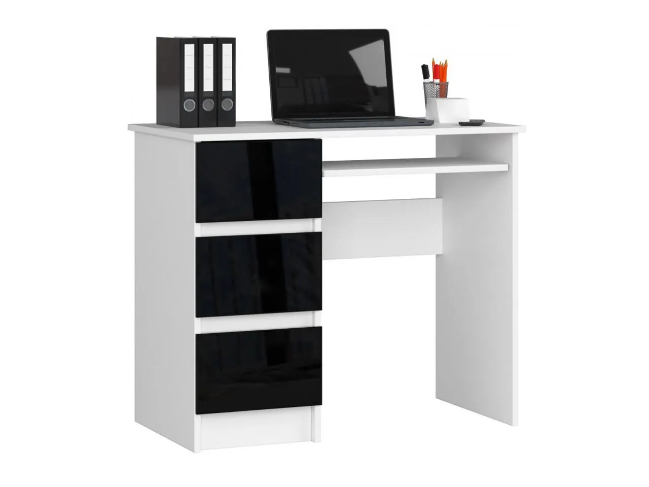 AKO-A-6 fényes fiókos számítógépasztal polcokkal, balos