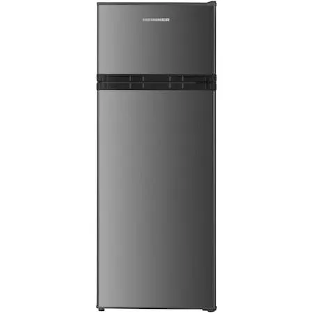 Heinner HF-H2206XE++ kombinált felülfagyasztós hűtőszekrény, E energiaosztály, 206 L, LED lámpa, 3 hűtőszekrény üvegpolccal, M: 143 cm, Inox megjelenés