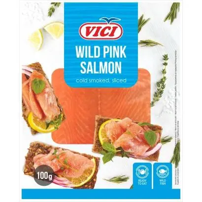 Cold smoked pink salmon fillet sliced, vac. 10x100g