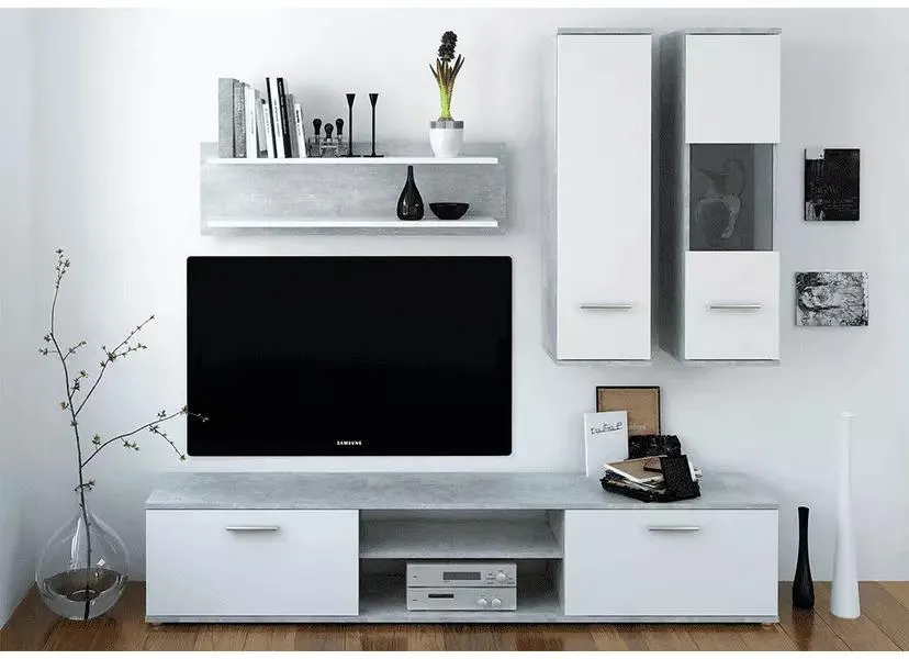 Nappali szekrénysor, beton/fehér, WAW NEW