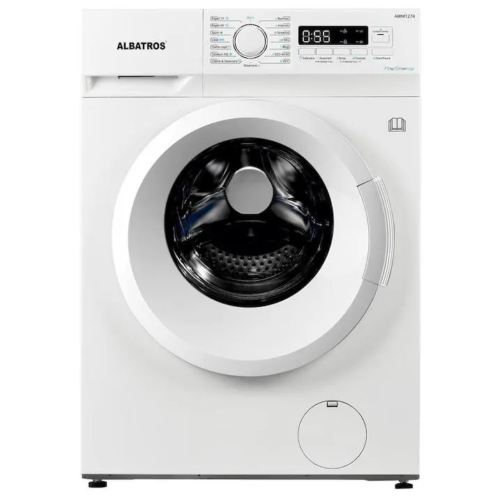 Mosógép Albatros AWM1274,7 kg, Vékony, 15 Program, 1200 Forgatás, D energiaosztály, Állítható termosztát, ECO Program 40-60°C, Gyerekzár, Fehér