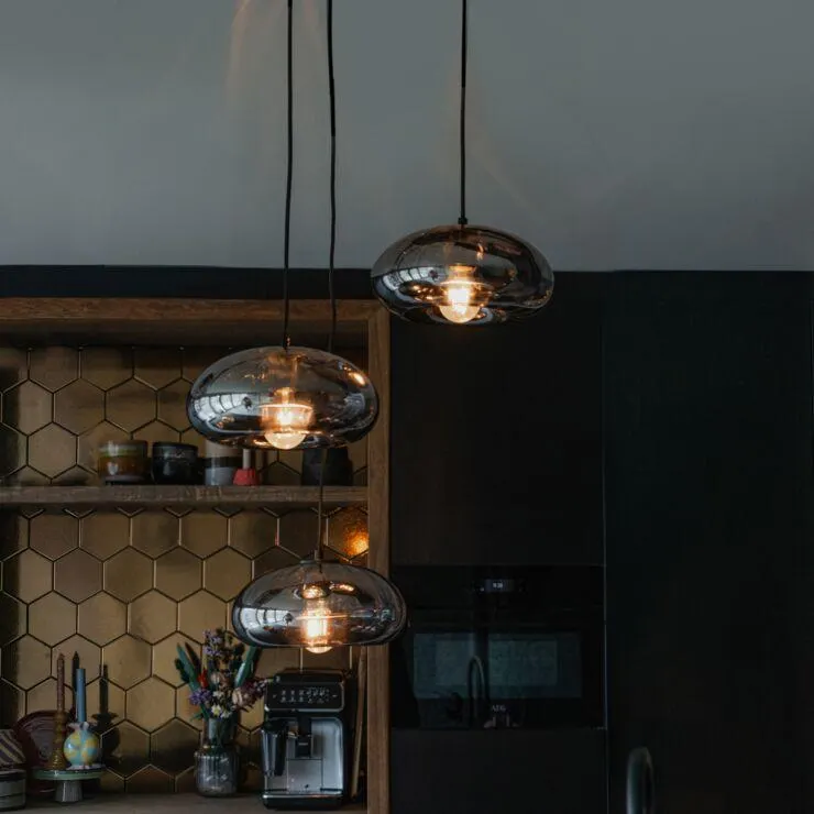 Art Deco függőlámpa fekete, füstüveggel kerek 3 fényű - Ayesha