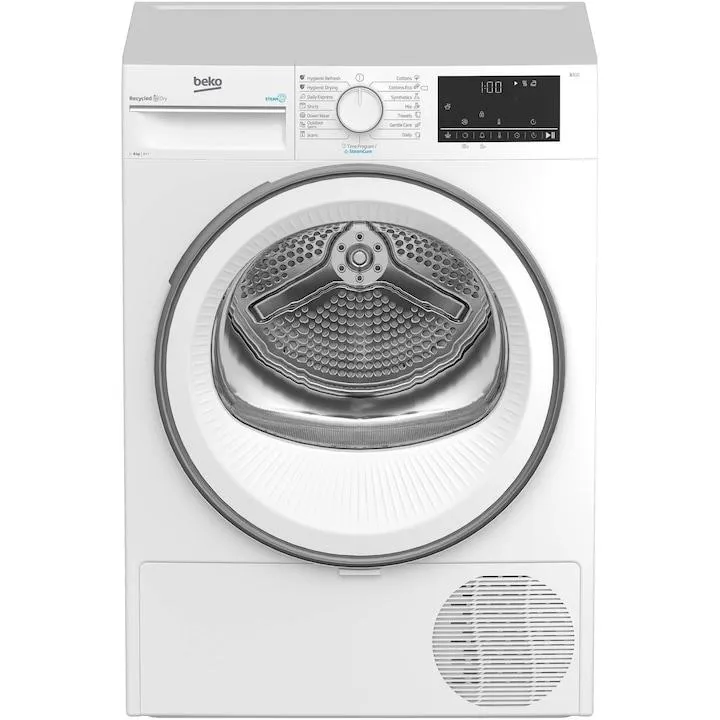 Beko B3T68230 Hőszivattyús szárítógép, 8 kg, 15 program, SteamCure, RecycledDry, EcoGentle, OptiSense, Aquawave, E energiaosztály, Fehér