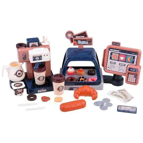 41 db-os gyermek kávézó készlet fény- és hanghatásokkal (kávéfőző, pénztár, kávés bögrék, édességek, hitelkártya, bankjegyek és érmék)