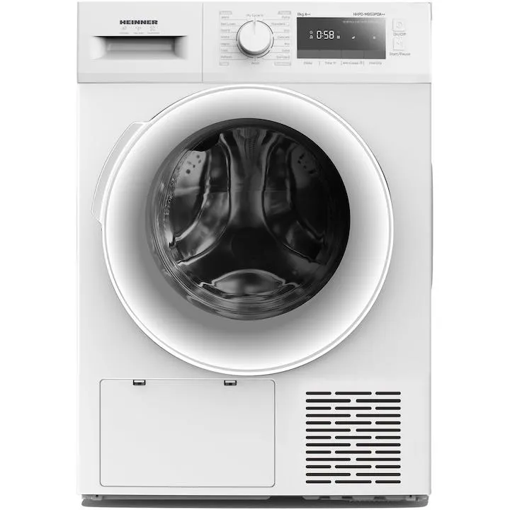 Heinner HHPD-M8G3PDA++ hőszivattyús szárítógép, 8kg, 16 program, LED kijelző, Ránctalanító funkció, Gyűrődésmentes funkció, Világítás, E energiaosztály, Fehér