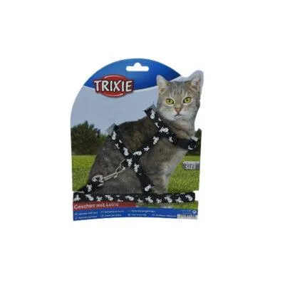 Trixie macska halálfejes hám pórázzal (fekete)