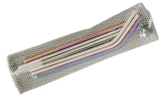 Rozsdamentes acél szívószálak - 6 db (2 db szivárványos) + szürke csomagolás