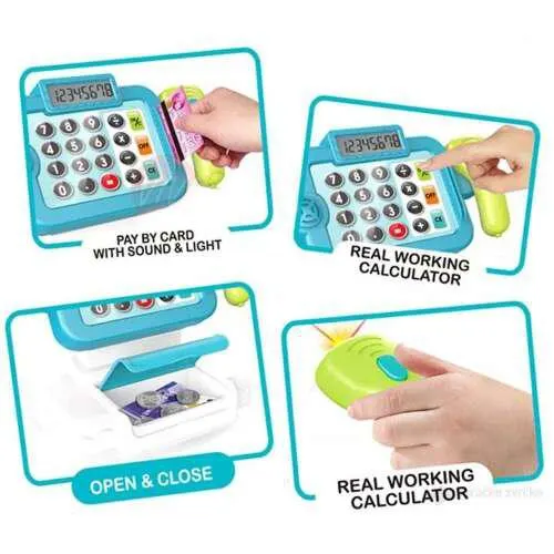 14 részes játék pénztárgép játék pénzzel, digitális kijelzővel és hanghatásokkal (BBJ)