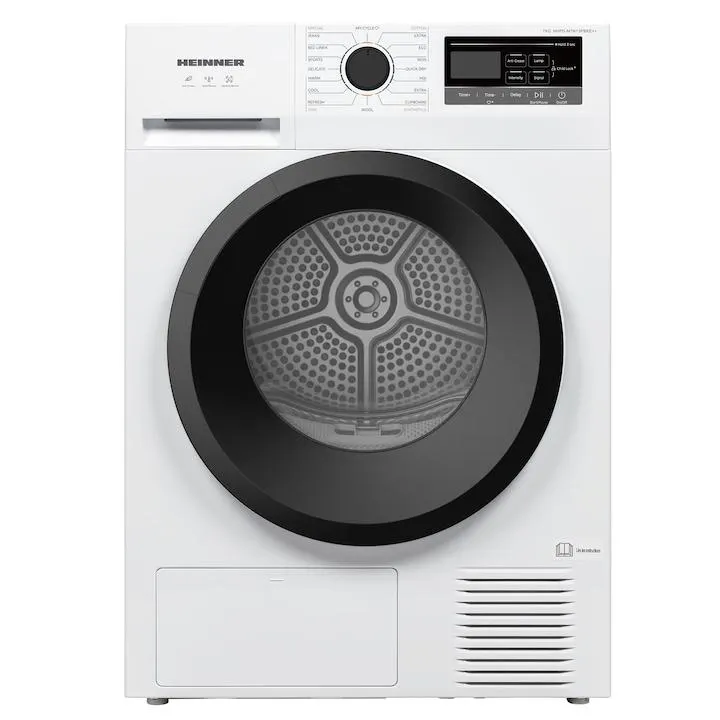 Heinner HHPD-M7N13PBKE++ hőszivattyús szárítógép, 7 kg, 16 program, E energiaosztály, LED kijelző, gyűrődésgátló funkció, dobvilágítás, szöszszűrő tisztítás jelző, tele víztartály jelző, gyerekzár, fehér