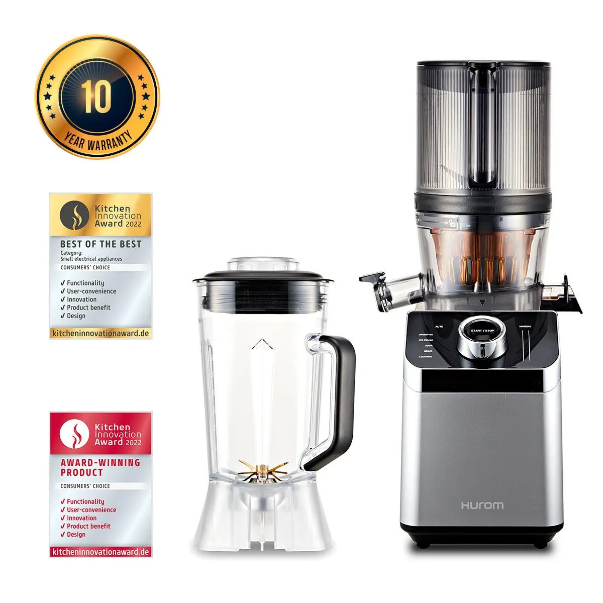 Hurom M100 2 in 1: Slow Juicer és turmixgép (EZÜST) + Juice Biblia
