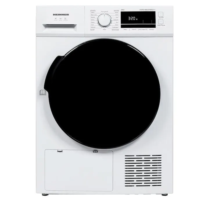 Heinner HHPD-M9G5PBKD++ hőszivattyús szárítógép, 9 kg, 16 program, D energiaosztály, LED kijelző, gyűrődésgátló funkció, dobvilágítás, szöszszűrő tisztítás jelző, víztartály telítettség jelző, gyermekzár, fehér