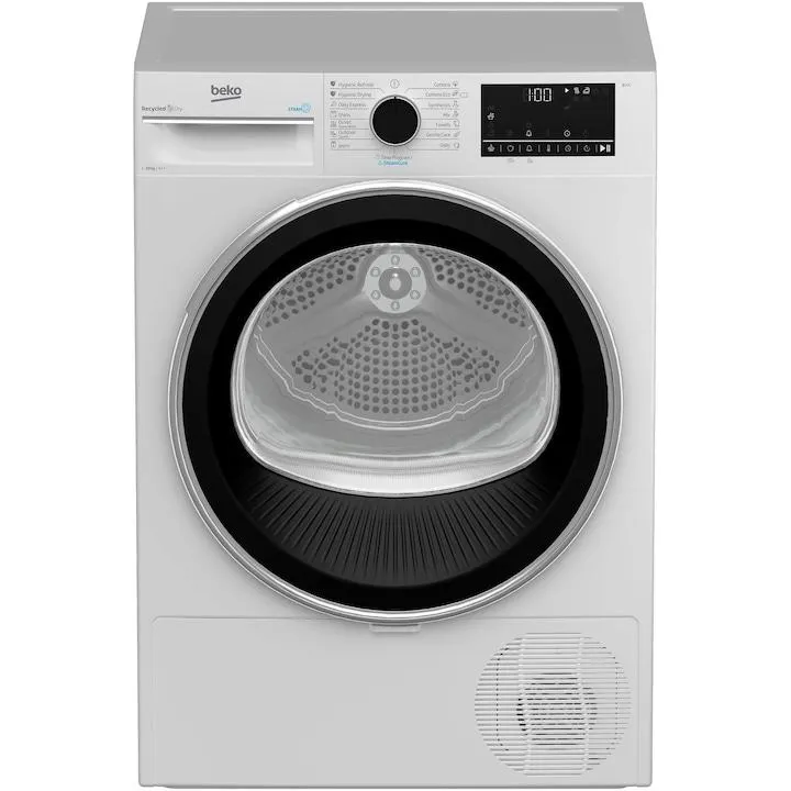 Beko B3T60230 Szárítógép, 9 kg, E energiaosztály, RecycledDry, IronFinish, Hygienic Reresh, EcoGentle hőszivattyú, SteamCure, higiénikus szárítás, fehér