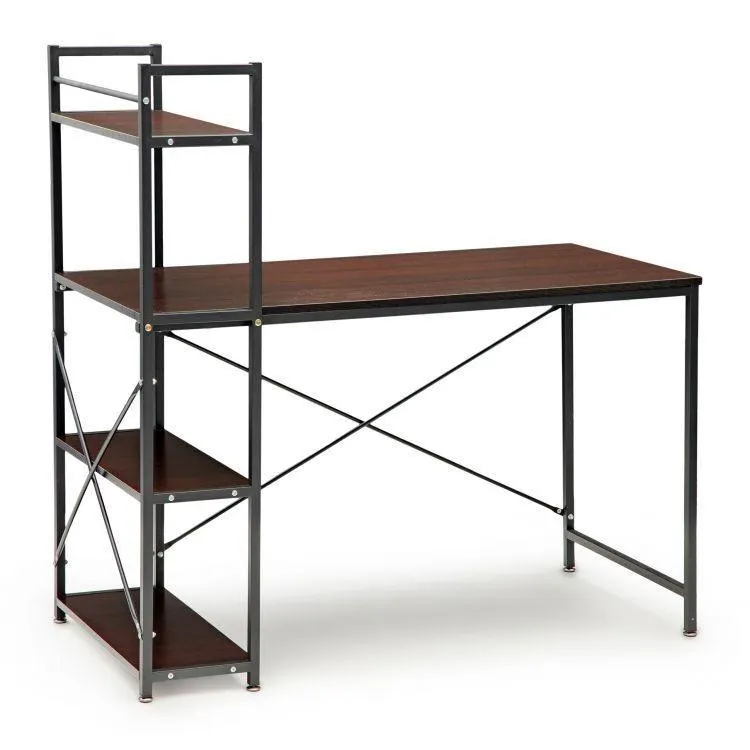 Számítógépes íróasztal polcokkal, sötét fa dekorációval