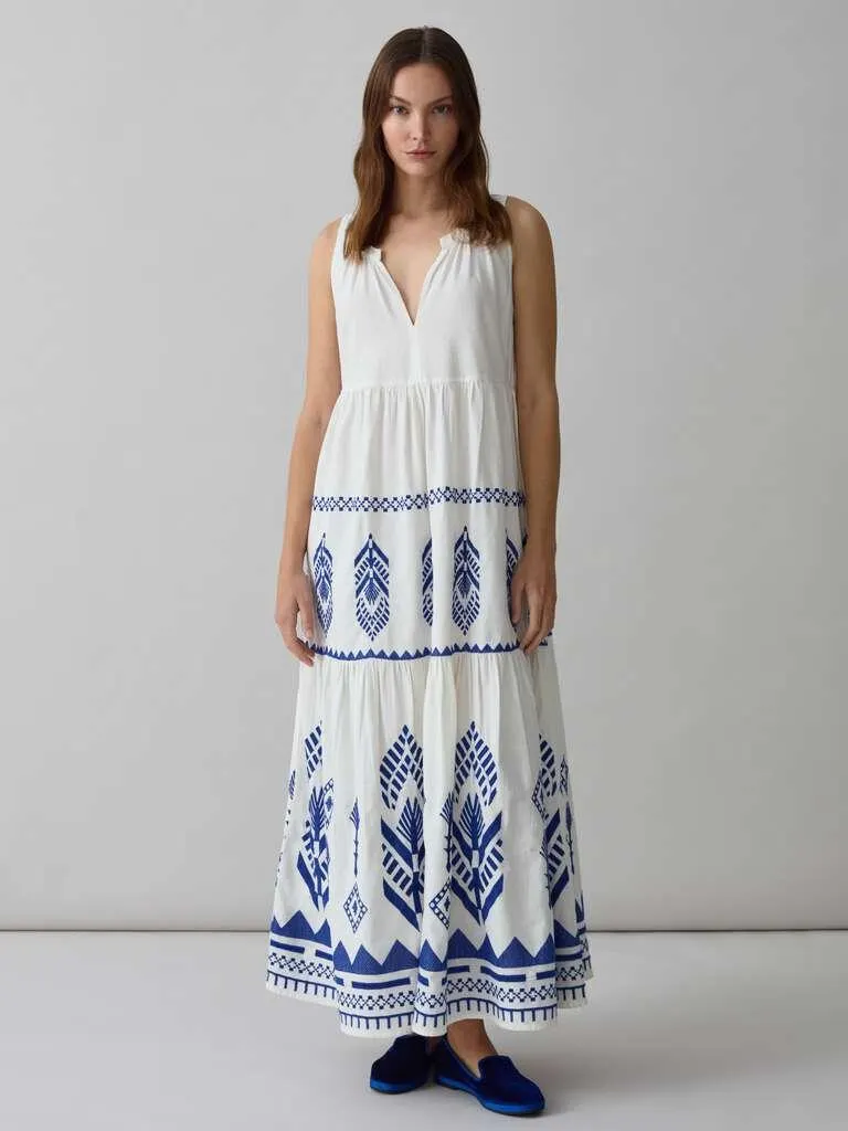 White/Blue Long sleeveless dress with ethnic embroidery